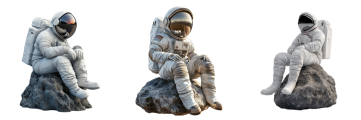 A Set of Creative 3D Astronaut Sitting Pose on a Space Rock Isolated on Transparent Background