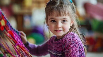 Fototapeta premium A young girl engaging with colorful crafts indoors.