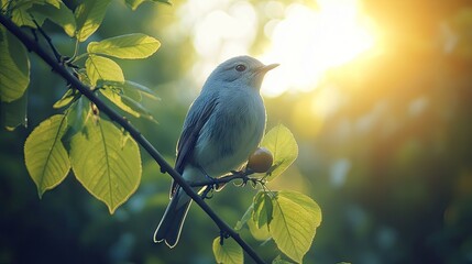 Obraz premium A serene bird perched on a branch amidst lush green leaves and warm sunlight.