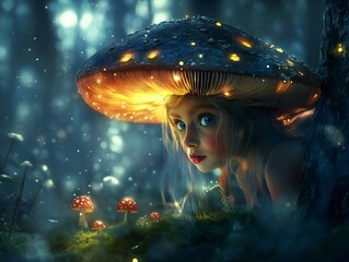 girl under a glowing mushroom in a fantasy forest.
