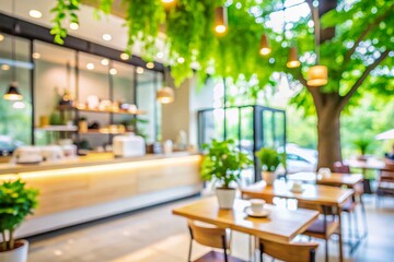 Fototapeta premium Blurred Minimalist Cafe Interior with Green Tree Background - Stock Photo