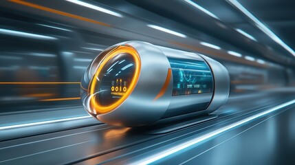 Futuristic High-Tech Transportation Pod Rapidly Traveling Through a Sleek, Modern Train Tunnel with Vibrant Neon Lights and Advanced Digital Displays