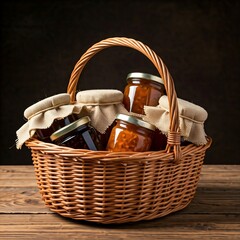 A rustic basket filled with a variety of organic products including honey, jam, and bread, creating a homely and natural feel.