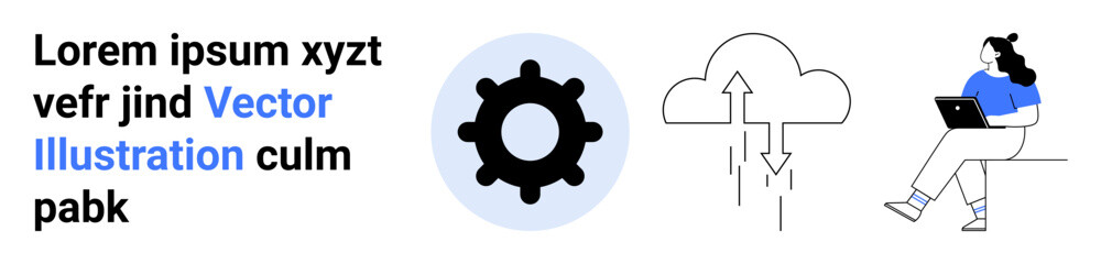 Gear cog, data cloud, woman using laptop. Ideal for technology, cloud computing, data management, remote work, software development, IT services, digital transformation. Landing page