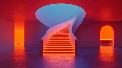 Poster Neon-lit spiral staircase in modern minimalist architecture.