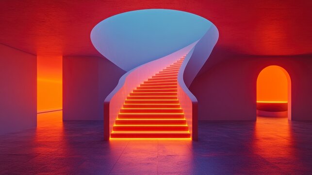 Neon-lit spiral staircase in modern minimalist architecture.