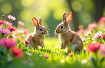Fototapeta premium Two rabbits are playfully sniffing each other in a lovely field of flowers