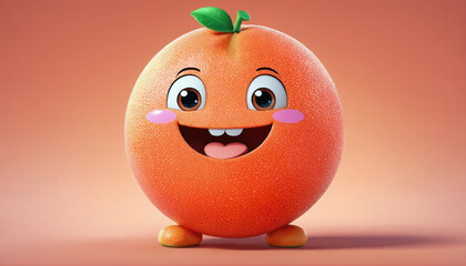 Happy cartoon orange with big eyes and smiling expression on simple background