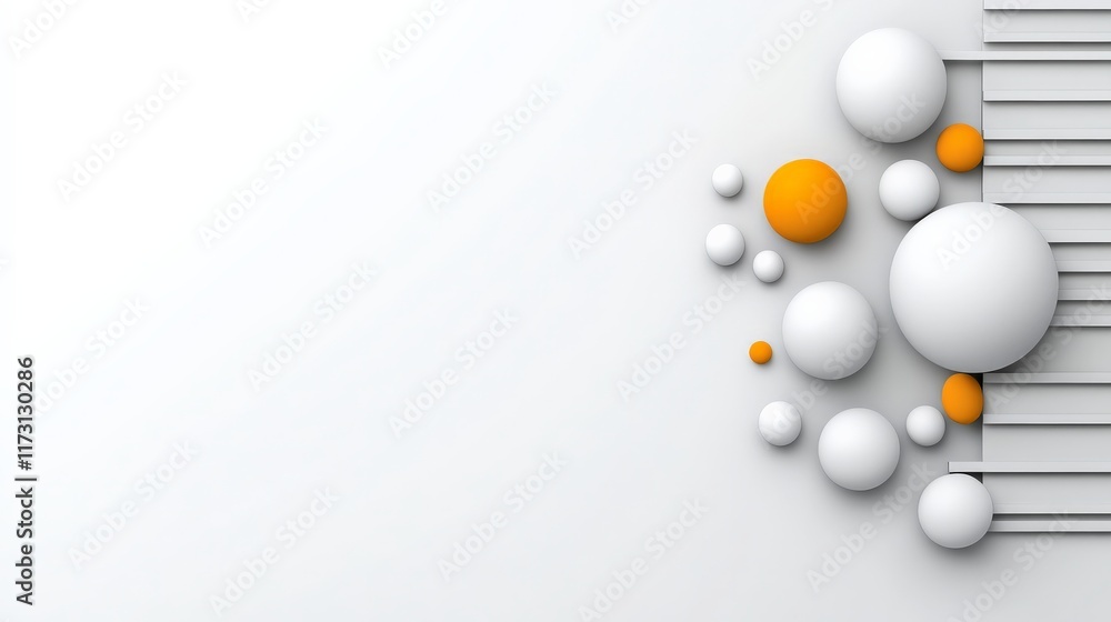 Poster abstract spheres and lines: modern minimalist design with white and orange spheres arranged against 