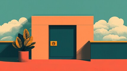 A colorful illustration of a stylized door set against a bright background, featuring a potted plant and a serene sky with clouds. Cybersecurity,Cloud Security