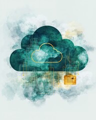 Digital cloud illustration with abstract design, featuring lines and a golden data icon, representing modern technology and data storage. Cybersecurity,Cloud Security