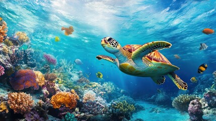 Naklejka premium Sea Turtle in Underwater Paradise