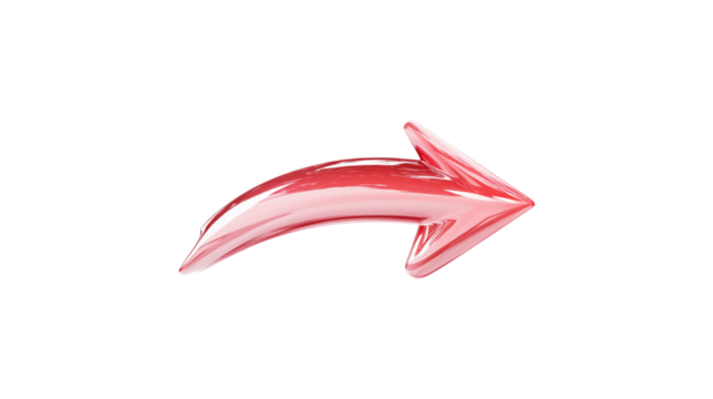 A red arrow pointing down. The arrow is made of glass and is very shiny. It is on a trasparent background	