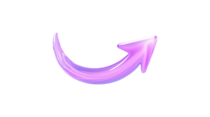 A purple arrow pointing down. The arrow is made of glass and is very shiny. It is on a trasparent background	