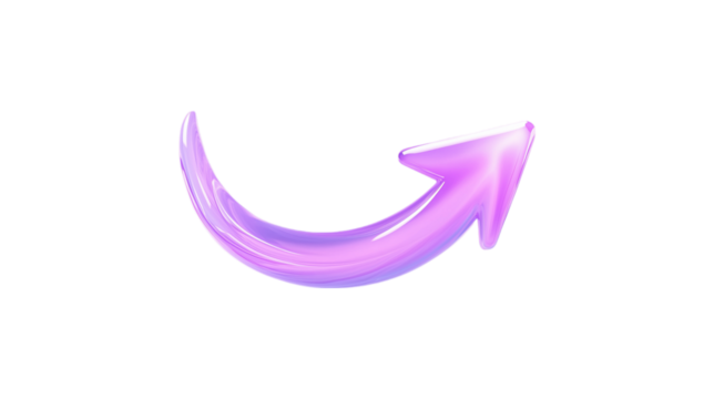A purple arrow pointing down. The arrow is made of glass and is very shiny. It is on a trasparent background	