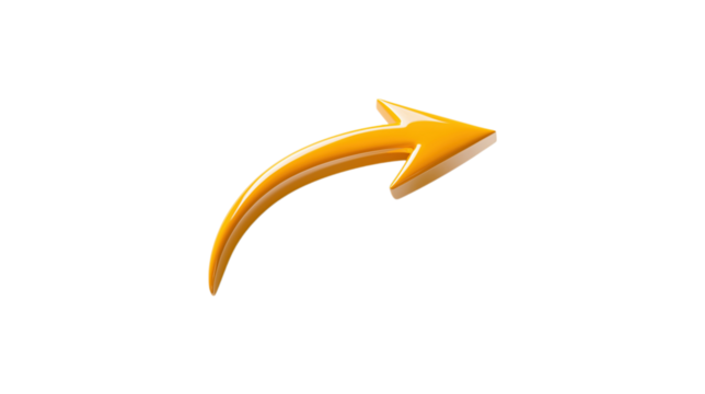 A orange arrow pointing down. The arrow is made of glass and is very shiny. It is on a trasparent background	 - Powered by Adobe