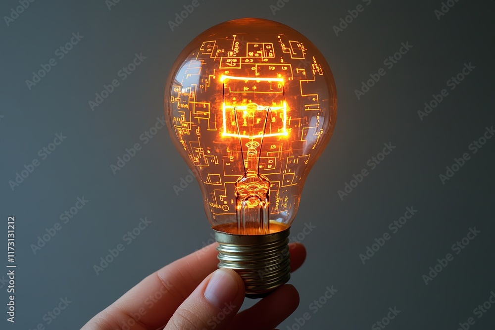 Poster hand holding a glowing light bulb with circuit patterns, isolated on a dark background. concept of i