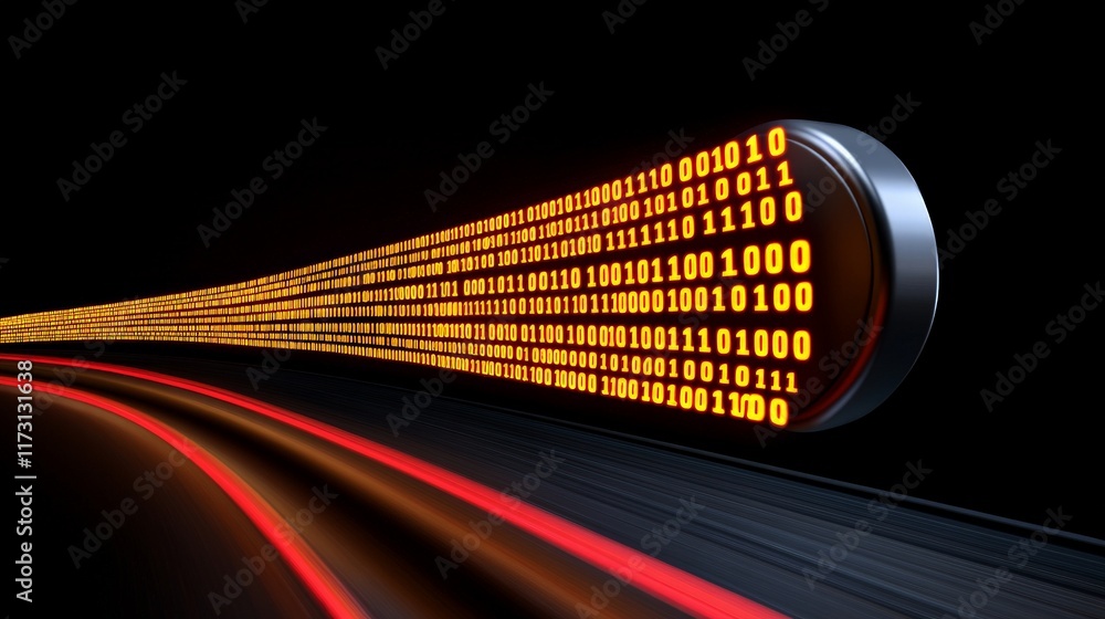 Poster digital highway: a stream of binary code races down a digital highway, illuminated by red streaks of