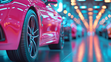New modern unknown car pink coloured and other cars with blurred background in auto showroom. Modern vehicle diversity. Modern transportation.