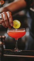 Bartender carefully garnishes Daiquiri with lime wedge at upscale bar