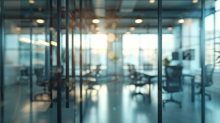 Blurred modern office interior with glass walls, desks, chairs, and natural light.
