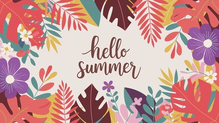 Colorful tropical summer illustration with exotic flowers, leaves, and 'Hello Summer' text