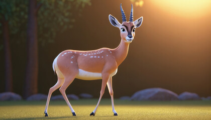 Cute animated gazelle walks gracefully in a sunlit forest clearing surrounded by stones