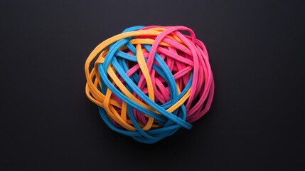 Colorful tangled rubber bands in a ball shape on black background.