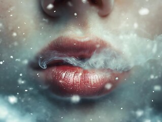 Fototapeta premium lips exhaling smoke and snow, winter scene.