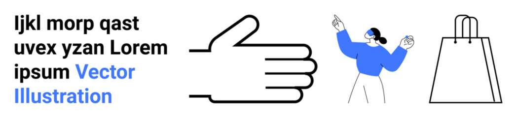 Hand directing right, person raising hands, and shopping bag suggest interaction and commerce. Ideal for online shopping, retail website, commercial promotions, user interaction, e-commerce, digital