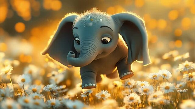 A small elephant flying gracefully in a field of white daisies illuminated by a soft, ethereal light