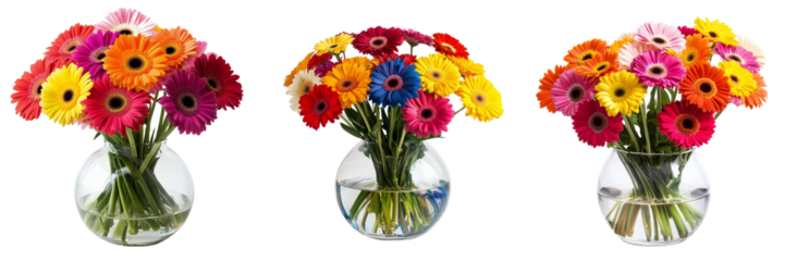 A Set of Vibrant Gerbera Daisies in a Clear Vase Adding Elegance Isolated on Transparent Background