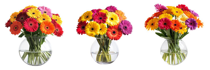 Fototapeta premium A Set of Bright Gerbera Daisies in a Sleek Glass Vase for Decoration Isolated on Transparent Background