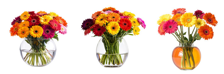 Fototapeta premium A Set of Cheerful Gerbera Daisies Arranged Neatly in a Round Vase Isolated on Transparent Background