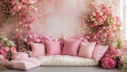 Pink floral backdrop with plush seating.