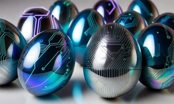 Abstract Lines Circuit Lights technology digital hi tech easter eggs concept background. Digital Easter eggs with glowing circuit patterns. Modern celebration technology