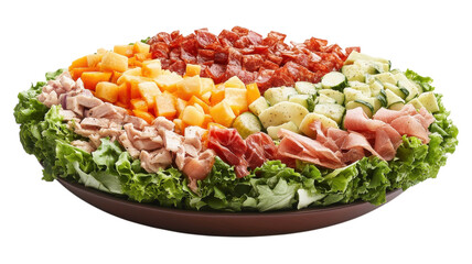 A colorful platter of assorted meats, cheeses, and fresh vegetables arranged on a wooden serving dish for a festive gathering.