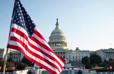 American flags against the backdrop of the Capitol, official ceremony.