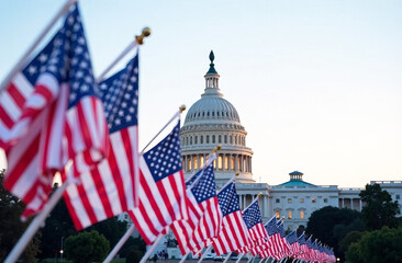 American flags against the backdrop of the Capitol, official ceremony.