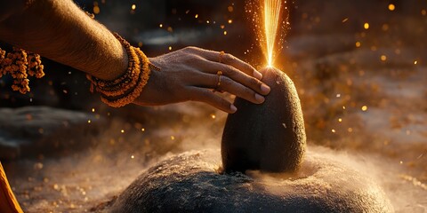 Sacred Devotion: Devotee Binding Thread on Shiva Lingam