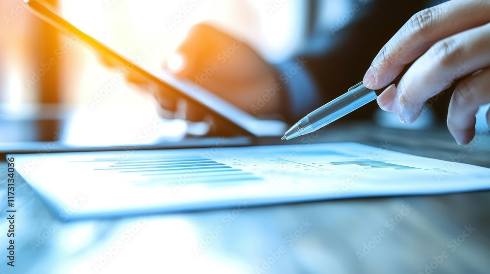 Poster analyzing business data: close-up of hands reviewing charts and graphs on tablet and documents