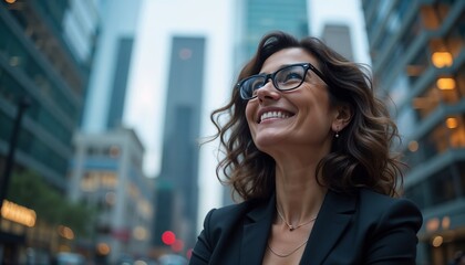 Empowerment, equality, and confidence in a modern world. business promotions, gender equality campaigns, or urban lifestyle themes.Smiling woman with wavy dark hair and glasses in a cityscape.


