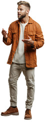 A young man wearing red jacket and grey jeans talking to somebody while doing hand gesture. isolated over transparent background, PNG cut-out	