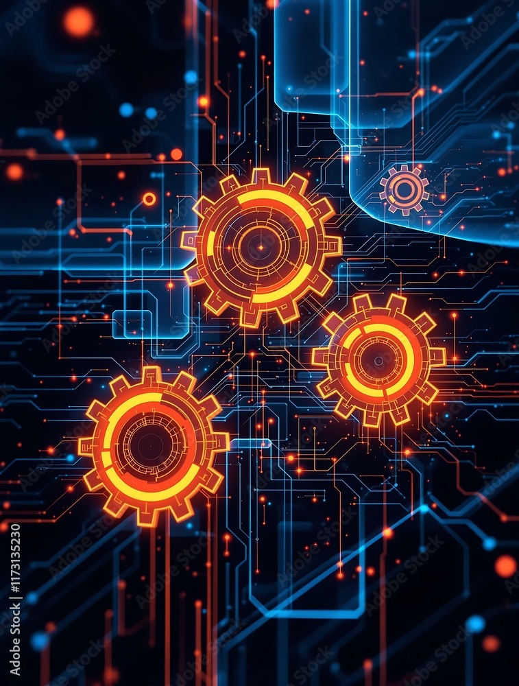 Poster digital gears and circuits in sleek modern interface representing innovation and automation