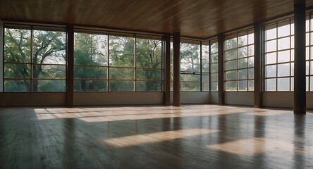 Obraz premium An empty living room after renovations, featuring freshly painted white walls, protective plastic on the floor, a step ladder, and large windows allowing natural light to flood the