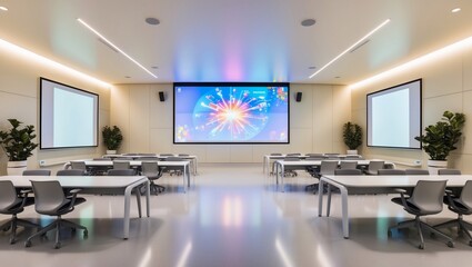 Modern Classroom Design with Large Projection Screen and Desks
