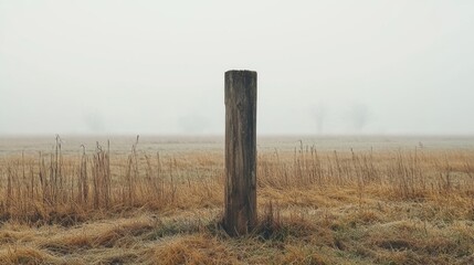 Lonely wooden post in foggy, dry field.