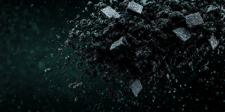 Virtual vacuum absorbing corrupted crystal data particles into dark cyberspace environment, digital technological cleaning process showcasing floating geometric debris fragments