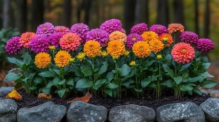 Obraz premium Vibrant multicolored dahlias in a garden bed, showcasing a variety of colors and textures.