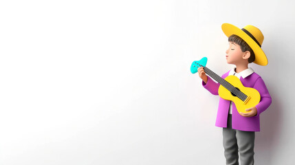 A colorful cartoon figure of a child wearing a yellow hat and playing a small guitar, set against a plain white background.